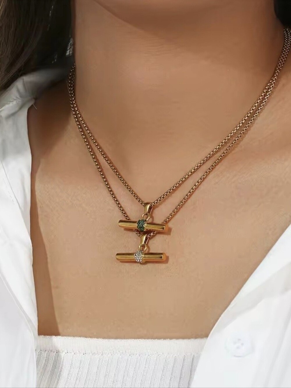 ππNEWππ STUNNING!! 18KT Over Stainless Steel CZ T-Bar Necklace - Picture 6 of 16